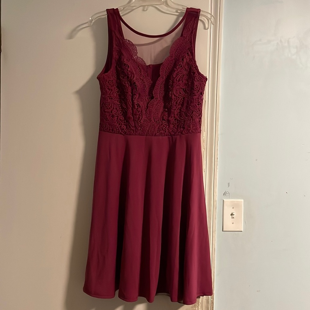 Grace Karin L Burgundy Floral Lace Top Fit and Flare Semi Formal Dress